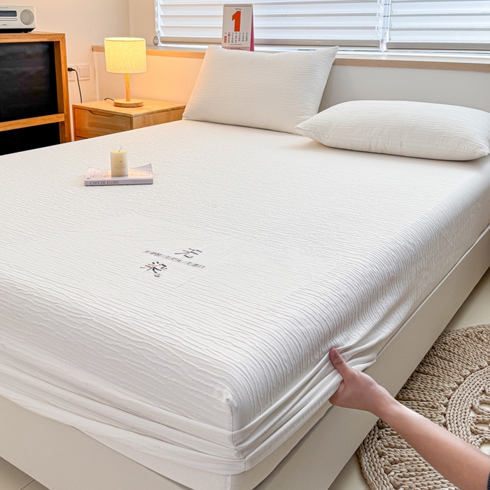 91家纺网 家纺一手货源 找家纺 小萌虎2025新款双层纱皱皱棉床笠 米白