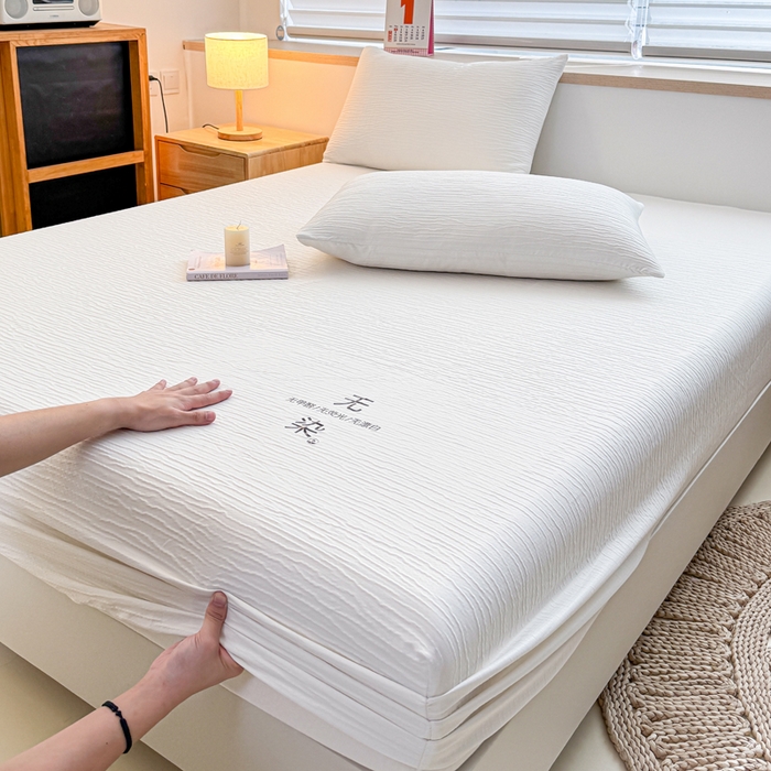 91家纺网 家纺一手货源 找家纺 小萌虎2025新款双层纱皱皱棉床笠 米白