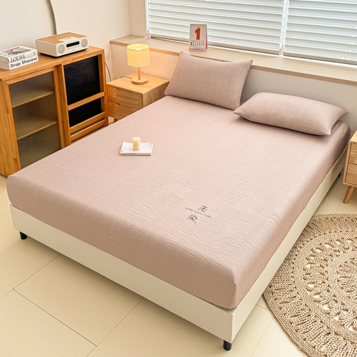 91家纺网 家纺一手货源 找家纺 小萌虎2025新款双层纱皱皱棉床笠 奶咖