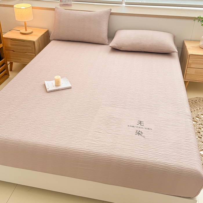 91家纺网 家纺一手货源 找家纺 小萌虎2025新款双层纱皱皱棉床笠 奶咖