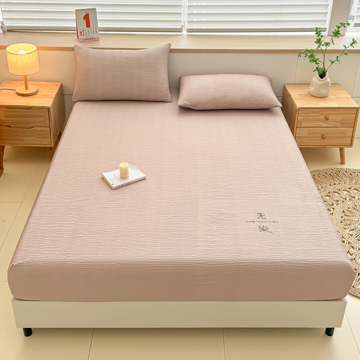 91家纺网 家纺一手货源 找家纺 小萌虎2025新款双层纱皱皱棉床笠 奶咖