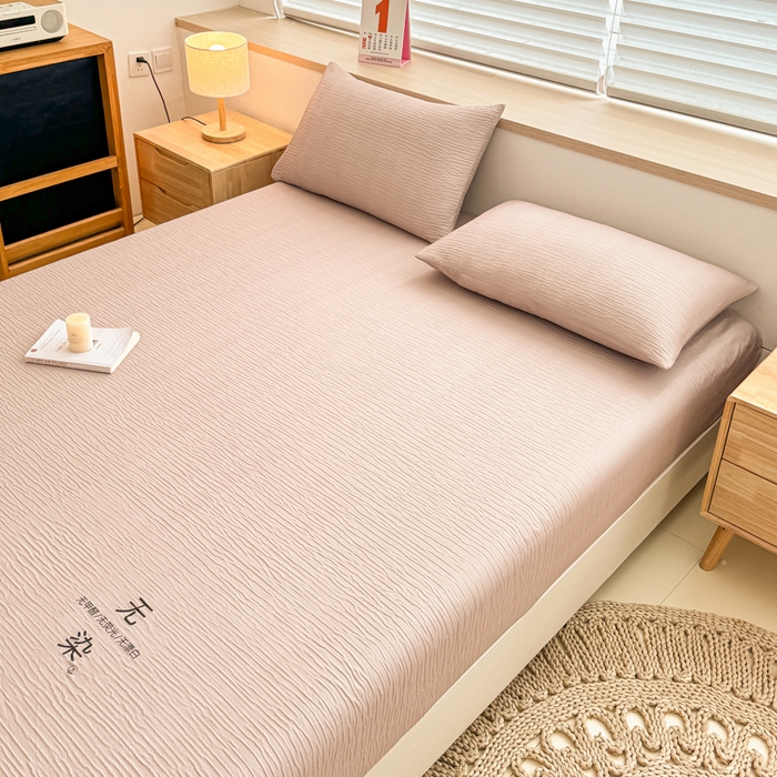 91家纺网 家纺一手货源 找家纺 小萌虎2025新款双层纱皱皱棉床笠 奶咖