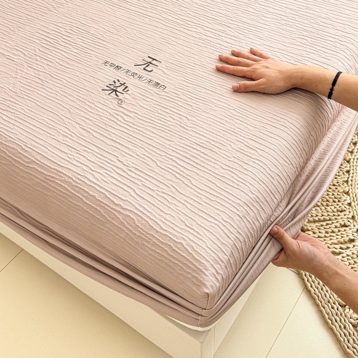 91家纺网 家纺一手货源 找家纺 小萌虎2025新款双层纱皱皱棉床笠 奶咖