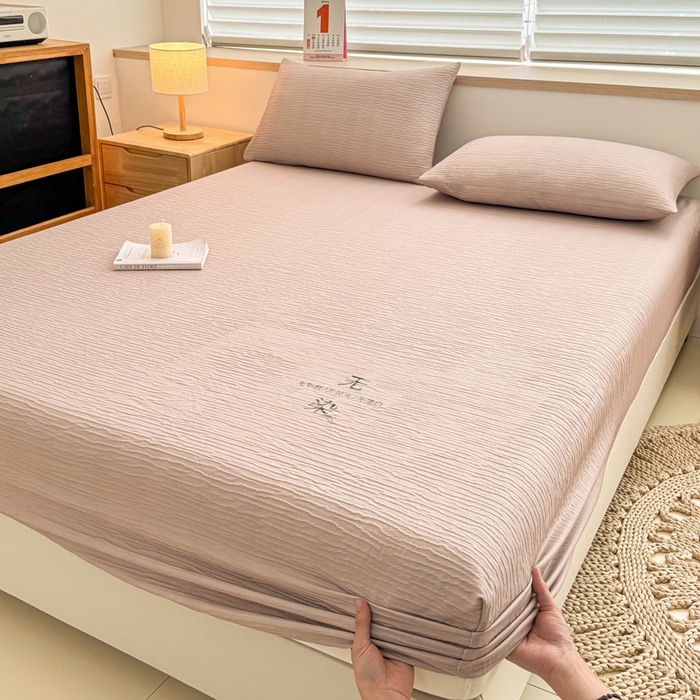 小萌虎2025新款双层纱皱皱棉床笠 奶咖