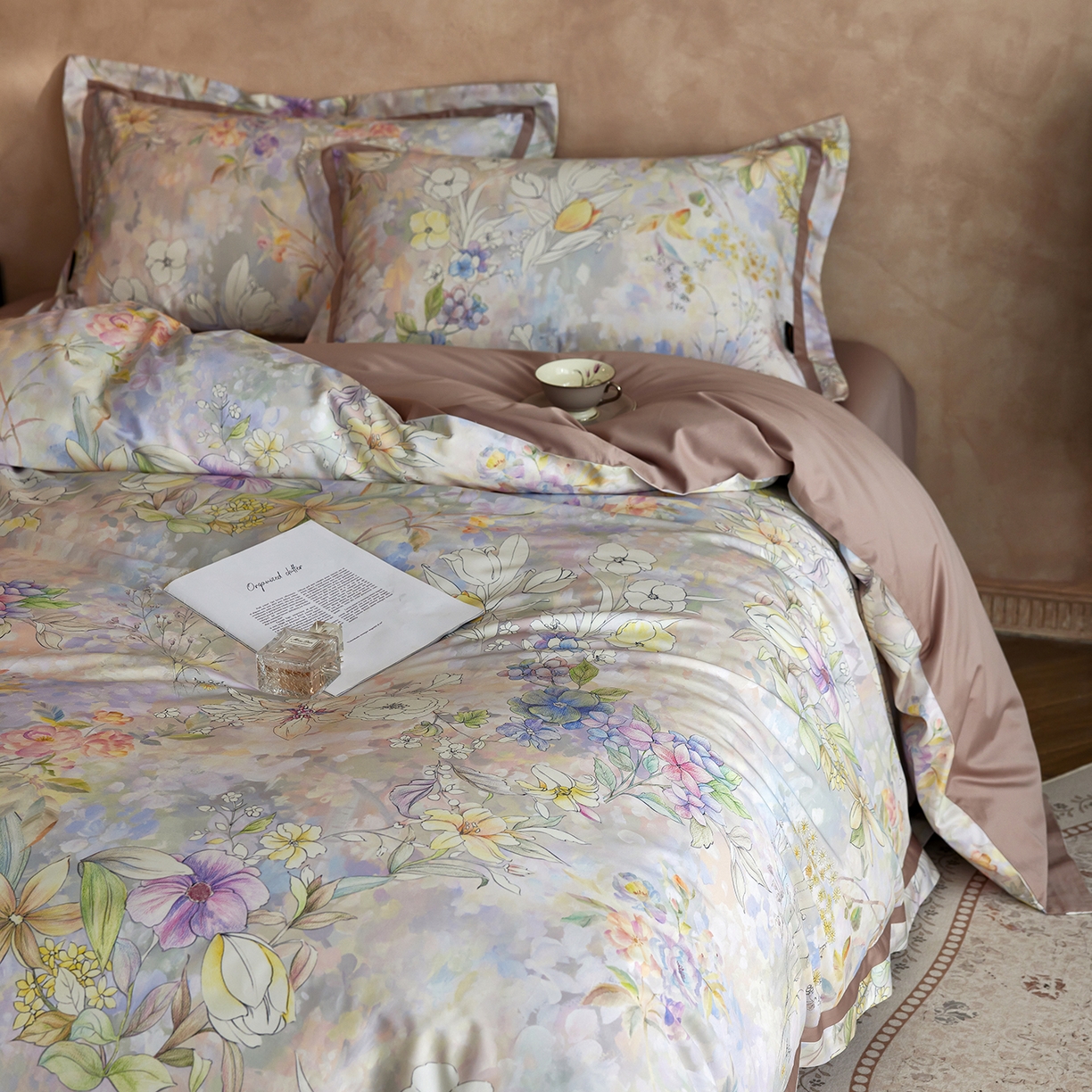 91家纺网 家纺一手货源 找家纺 轩和家居 2025新款轻奢A类70S长绒棉纯棉印花四件套-第二组 叶景