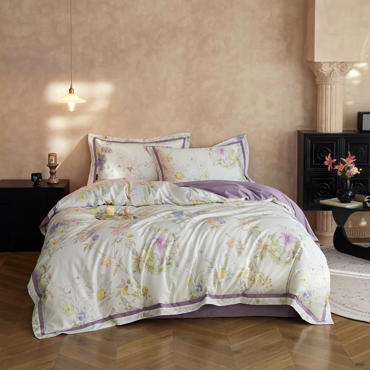 91家纺网 家纺一手货源 找家纺 轩和家居 2025新款轻奢A类70S长绒棉纯棉印花四件套-第二组 兰萱