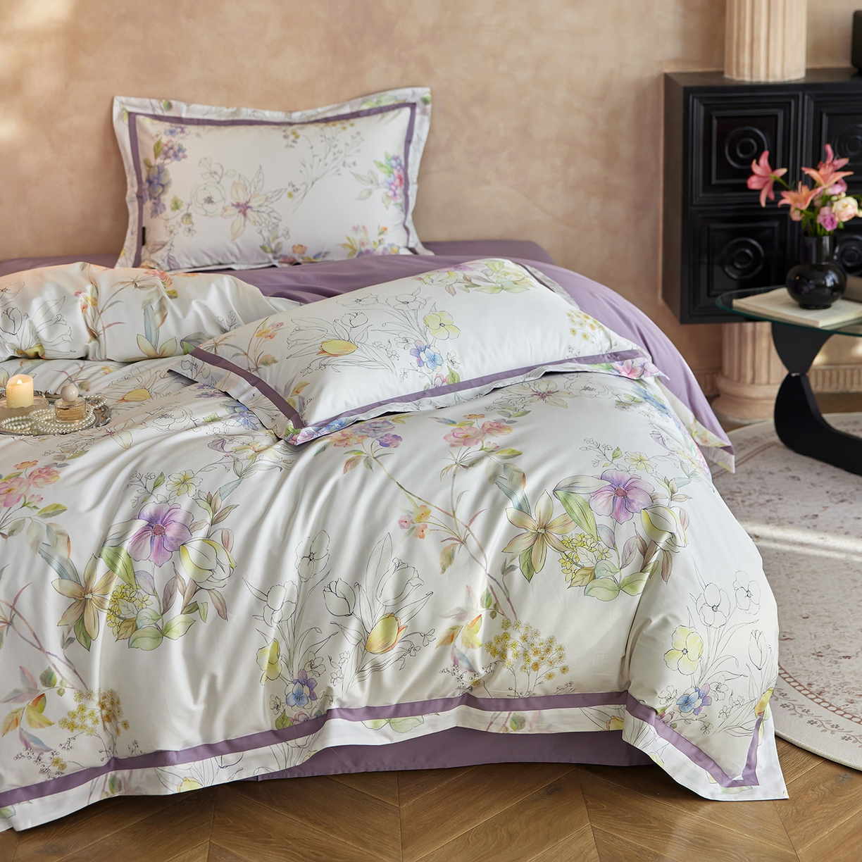 91家纺网 家纺一手货源 找家纺 轩和家居 2025新款轻奢A类70S长绒棉纯棉印花四件套-第二组 兰萱