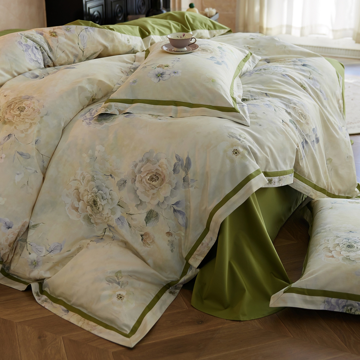 91家纺网 家纺一手货源 找家纺 轩和家居 2025新款轻奢A类70S长绒棉纯棉印花四件套-第二组 南枝