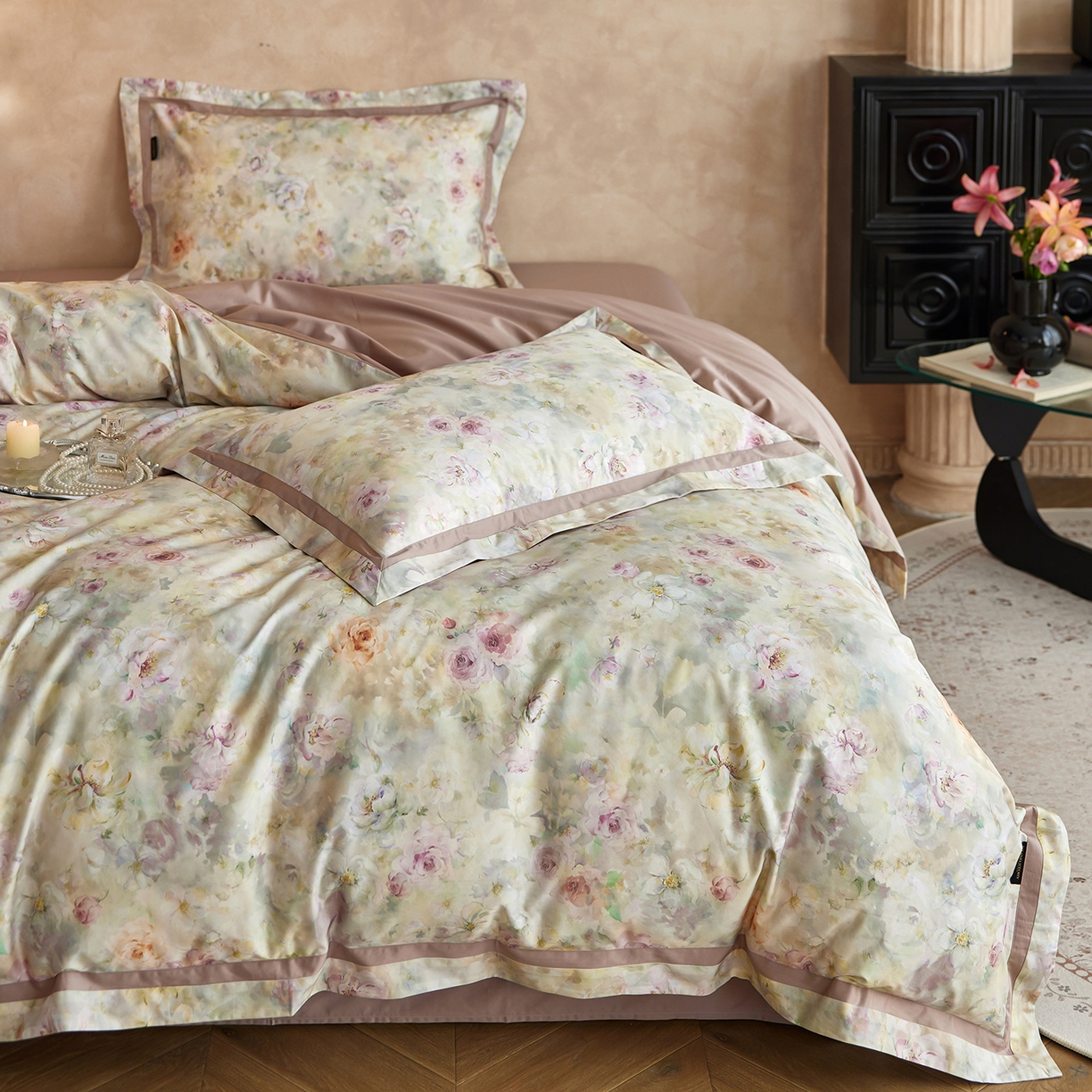 91家纺网 家纺一手货源 找家纺 轩和家居 2025新款轻奢A类70S长绒棉纯棉印花四件套-第二组 馨月