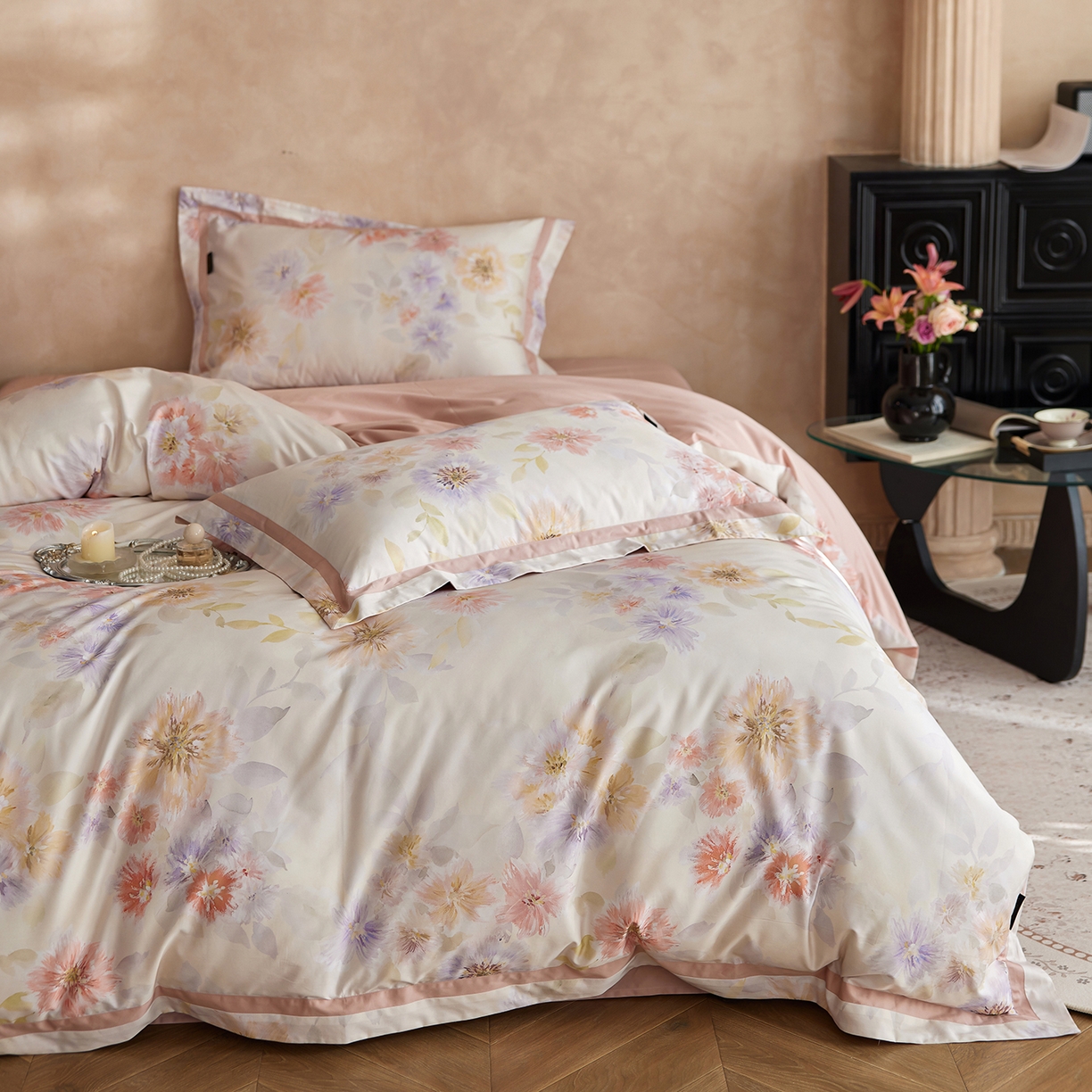 91家纺网 家纺一手货源 找家纺 轩和家居 2025新款轻奢A类70S长绒棉纯棉印花四件套-第二组 烟洛