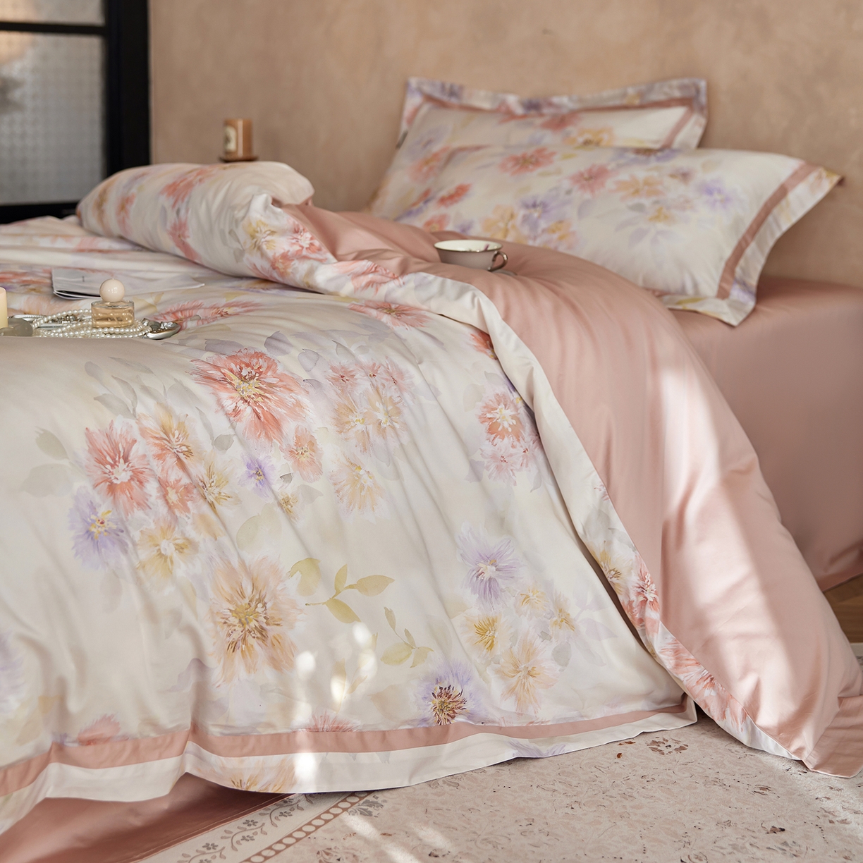 91家纺网 家纺一手货源 找家纺 轩和家居 2025新款轻奢A类70S长绒棉纯棉印花四件套-第二组 烟洛