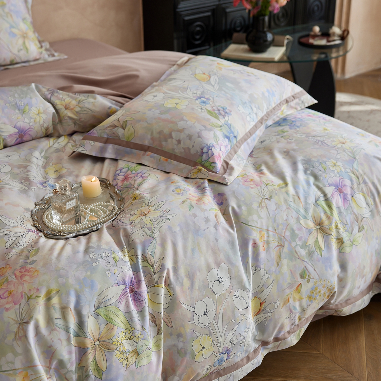 91家纺网 家纺一手货源 找家纺 轩和家居 2025新款轻奢A类70S长绒棉纯棉印花四件套-第二组 叶景