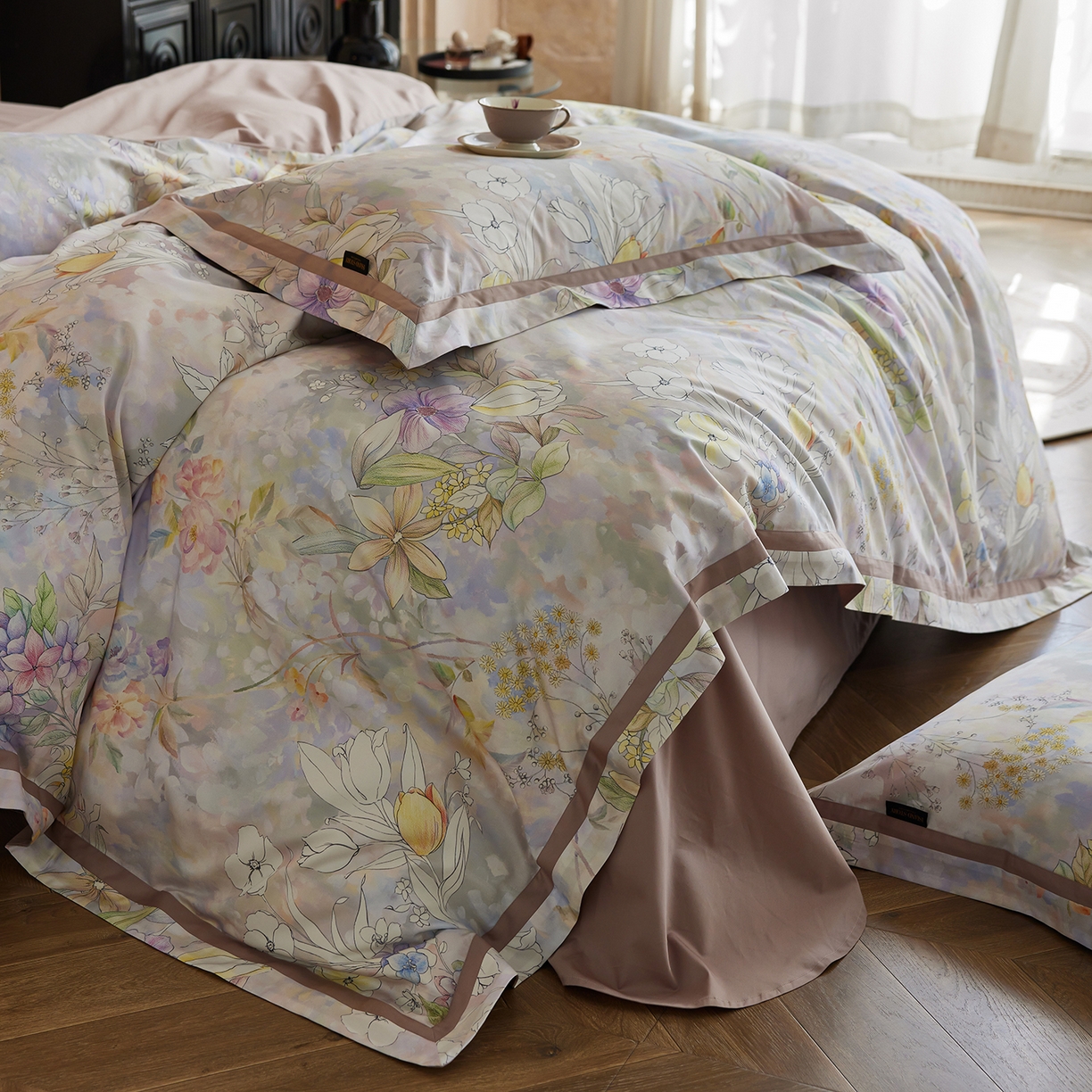 91家纺网 家纺一手货源 找家纺 轩和家居 2025新款轻奢A类70S长绒棉纯棉印花四件套-第二组 叶景