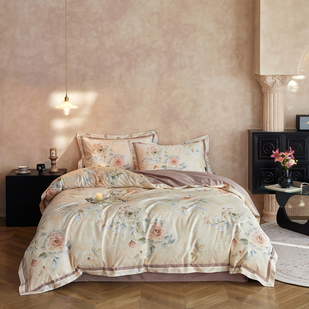 91家纺网 家纺一手货源 找家纺 轩和家居 2025新款轻奢A类70S长绒棉纯棉印花四件套-第二组 云裳