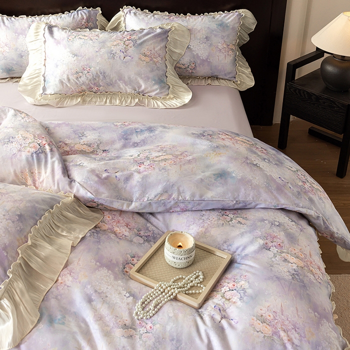 91家纺网 家纺一手货源 找家纺 迷尚家居 2025新款全棉60支磨毛花边款四件套 绒花梦境