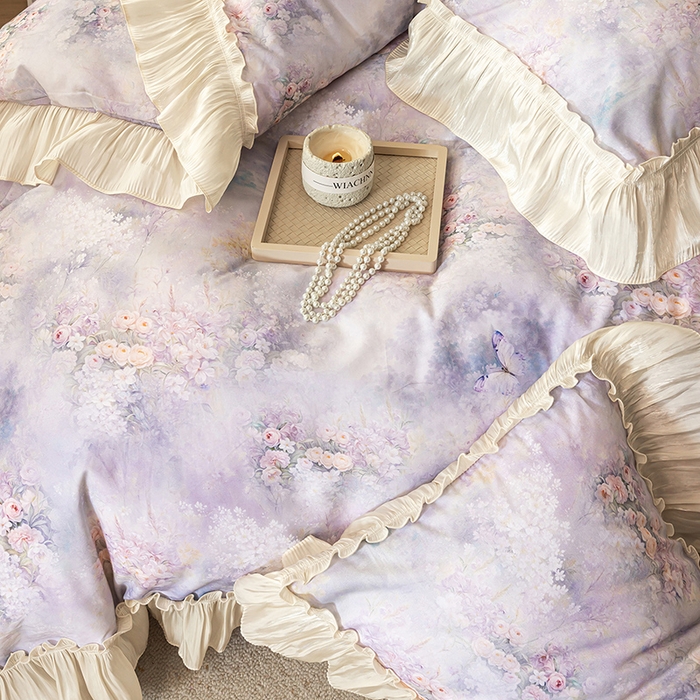 91家纺网 家纺一手货源 找家纺 迷尚家居 2025新款全棉60支磨毛花边款四件套 绒花梦境