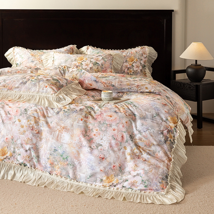 91家纺网 家纺一手货源 找家纺 迷尚家居 2025新款全棉60支磨毛花边款四件套 花漾倾城