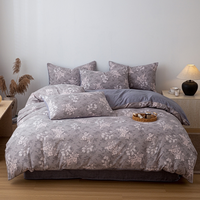 91家纺网 家纺一手货源 找家纺 芯贝儿 2025秋冬新品加厚原麻复古风亚麻皱皱双层纱水洗m四件套 可颂--灰