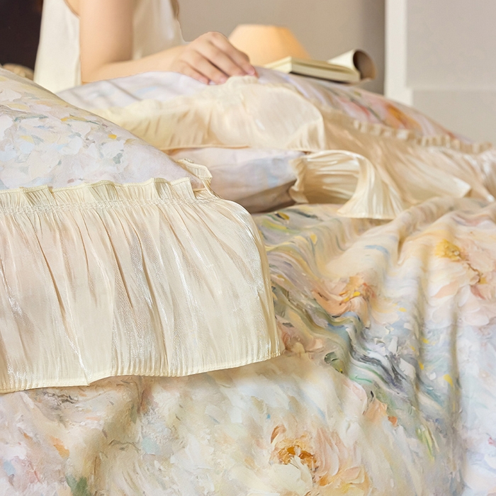 91家纺网 家纺一手货源 找家纺 迷尚家居 2025新款全棉60支磨毛花边款四件套 花雾里