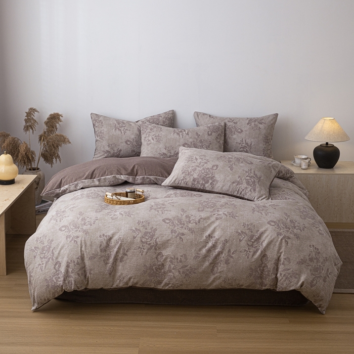 91家纺网 家纺一手货源 找家纺 芯贝儿 2025秋冬新品加厚原麻复古风亚麻皱皱双层纱水洗m四件套 风木槿-咖