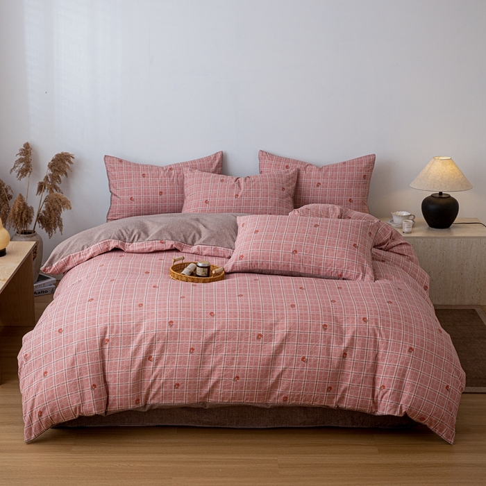 91家纺网 家纺一手货源 找家纺 芯贝儿 2025秋冬新品加厚原麻复古风亚麻皱皱双层纱水洗m四件套 秋恋--红