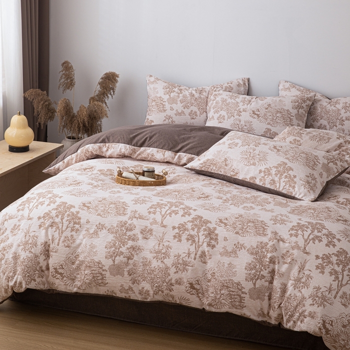 91家纺网 家纺一手货源 找家纺 芯贝儿 2025秋冬新品加厚原麻复古风亚麻皱皱双层纱水洗m四件套 迪奥咖