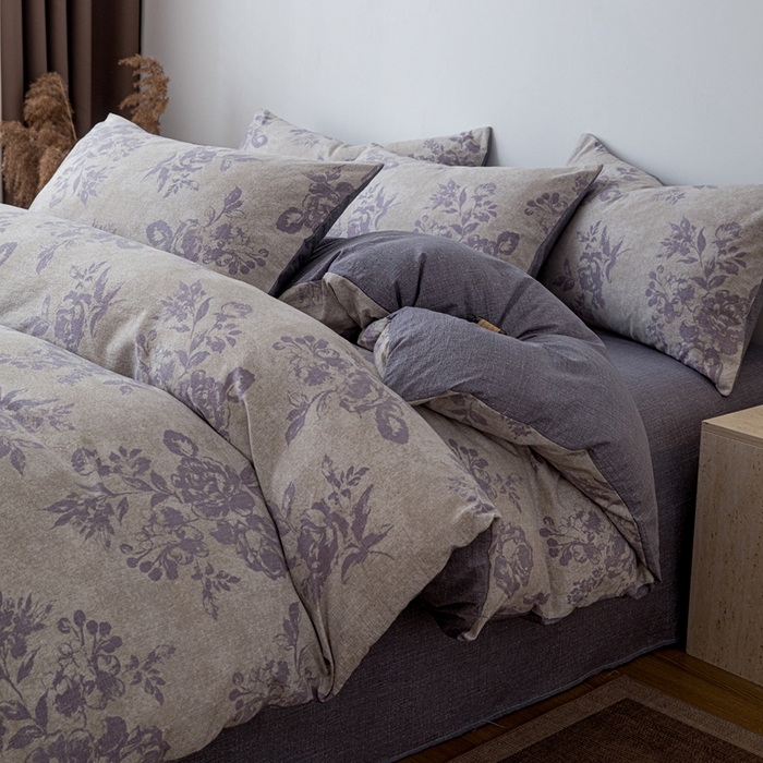 91家纺网 家纺一手货源 找家纺 芯贝儿 2025秋冬新品加厚原麻复古风亚麻皱皱双层纱水洗m四件套 风木槿--紫