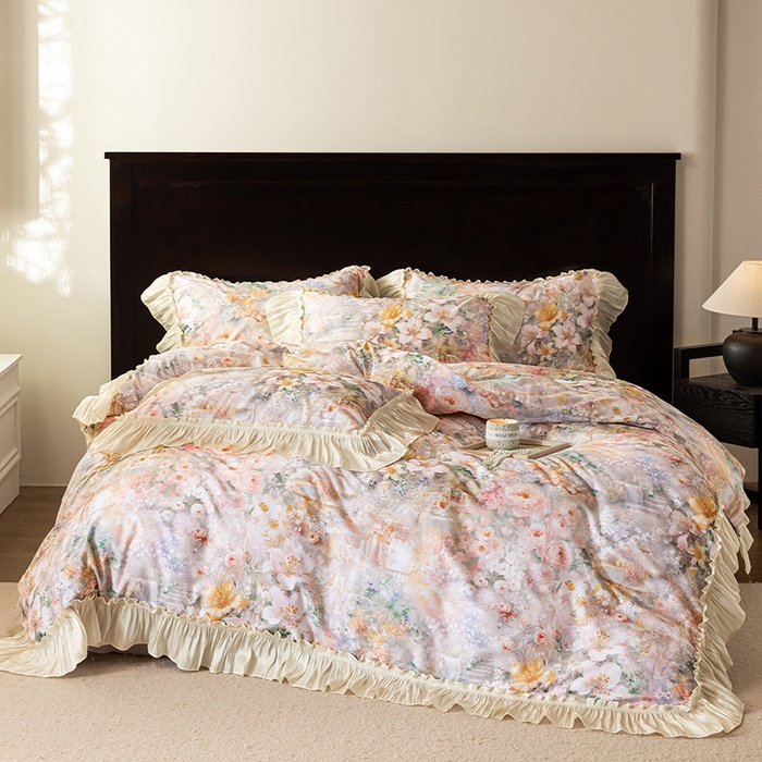 91家纺网 家纺一手货源 找家纺 迷尚家居 2025新款全棉60支磨毛花边款四件套 花漾倾城