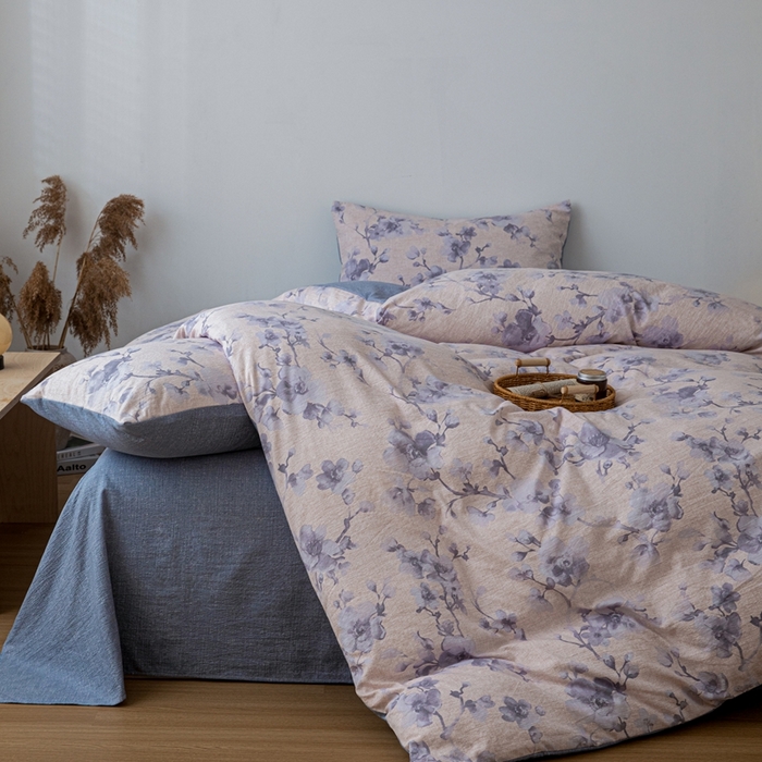 91家纺网 家纺一手货源 找家纺 芯贝儿 2025秋冬新品加厚原麻复古风亚麻皱皱双层纱水洗m四件套 慕雪--灰