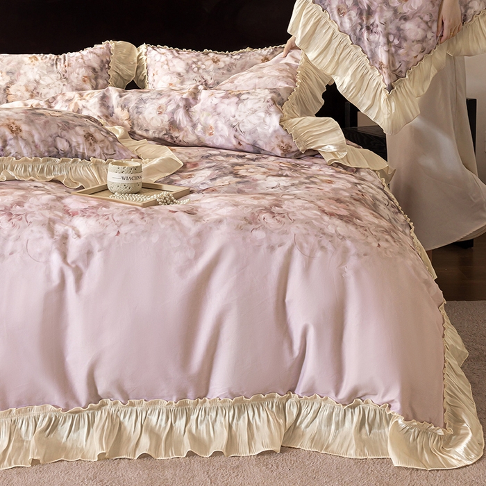 91家纺网 家纺一手货源 找家纺 迷尚家居 2025新款全棉60支磨毛花边款四件套 梦里繁花