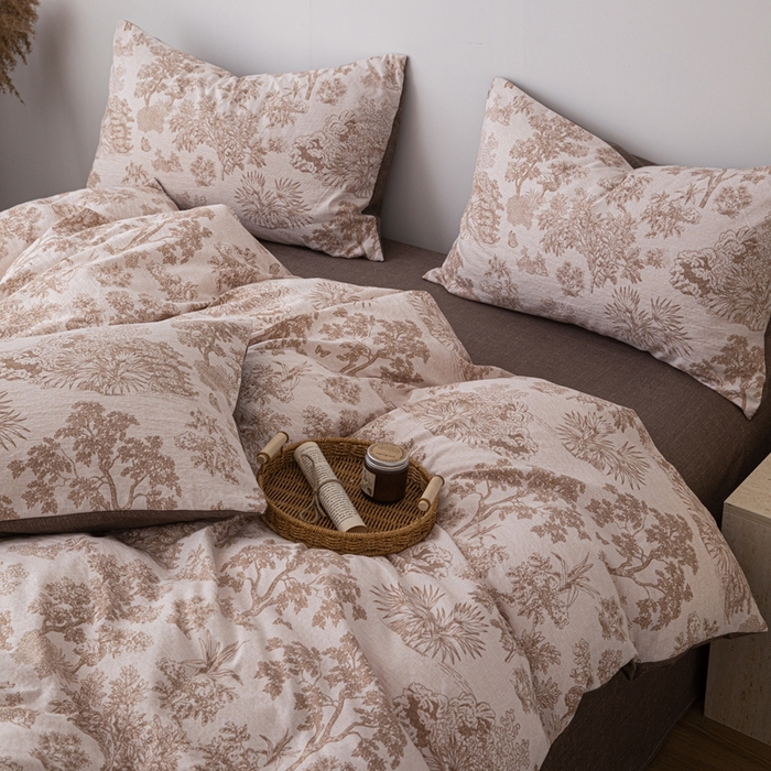 91家纺网 家纺一手货源 找家纺 芯贝儿 2025秋冬新品加厚原麻复古风亚麻皱皱双层纱水洗m四件套 迪奥咖