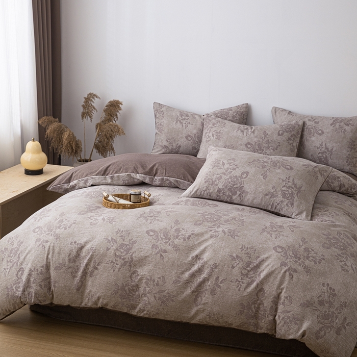 91家纺网 家纺一手货源 找家纺 芯贝儿 2025秋冬新品加厚原麻复古风亚麻皱皱双层纱水洗m四件套 风木槿-咖