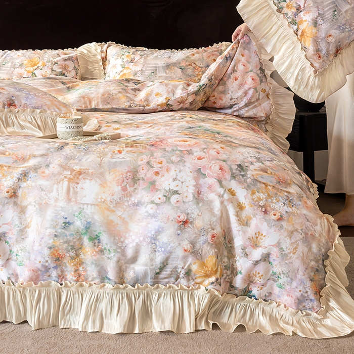 91家纺网 家纺一手货源 找家纺 迷尚家居 2025新款全棉60支磨毛花边款四件套 花漾倾城