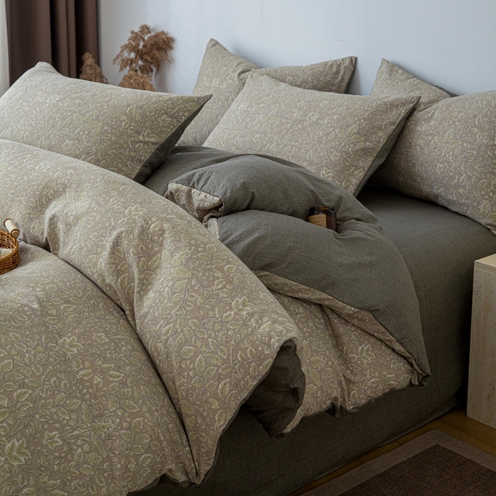 91家纺网 家纺一手货源 找家纺 芯贝儿 2025秋冬新品加厚原麻复古风亚麻皱皱双层纱水洗m四件套 古奈--绿