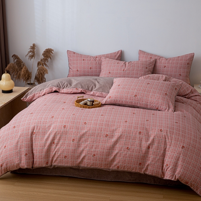 91家纺网 家纺一手货源 找家纺 芯贝儿 2025秋冬新品加厚原麻复古风亚麻皱皱双层纱水洗m四件套 秋恋--红