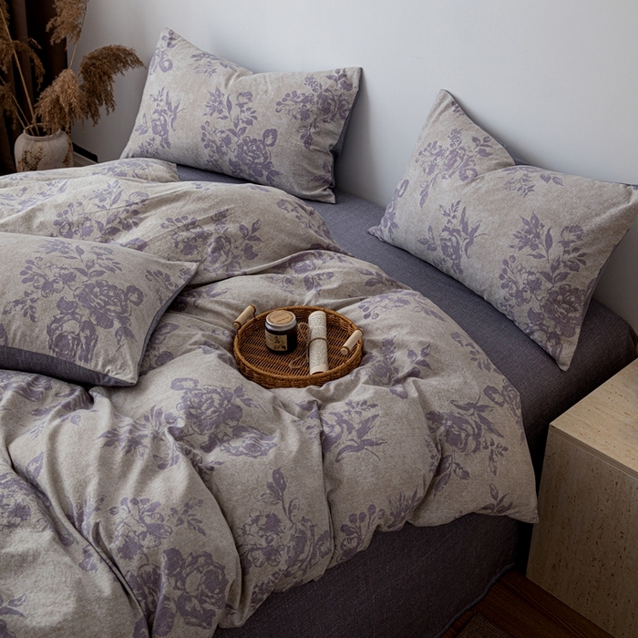 91家纺网 家纺一手货源 找家纺 芯贝儿 2025秋冬新品加厚原麻复古风亚麻皱皱双层纱水洗m四件套 风木槿--紫