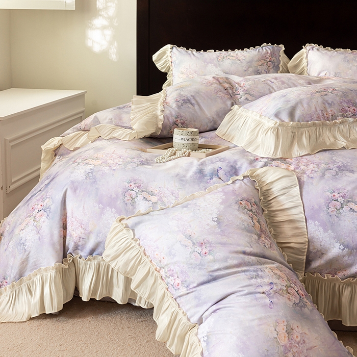 91家纺网 家纺一手货源 找家纺 迷尚家居 2025新款全棉60支磨毛花边款四件套 绒花梦境