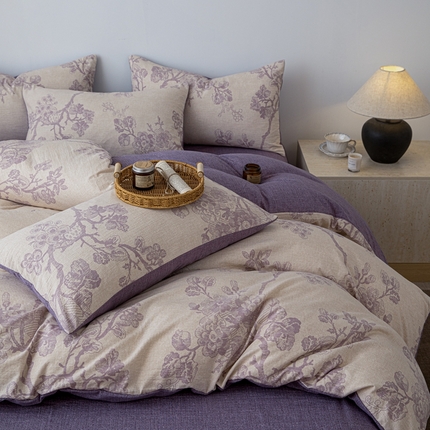 芯贝儿 2025秋冬新品加厚原麻复古风亚麻皱皱双层纱水洗m四件套 砚秋