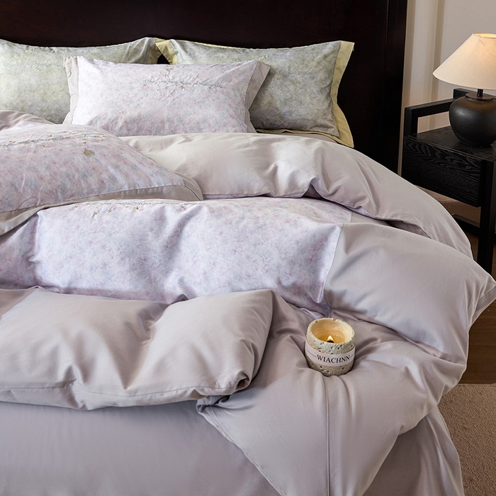 91家纺网 家纺一手货源 找家纺 迷尚家居 2025新款天丝棉磨毛工艺款四件套 花影紫