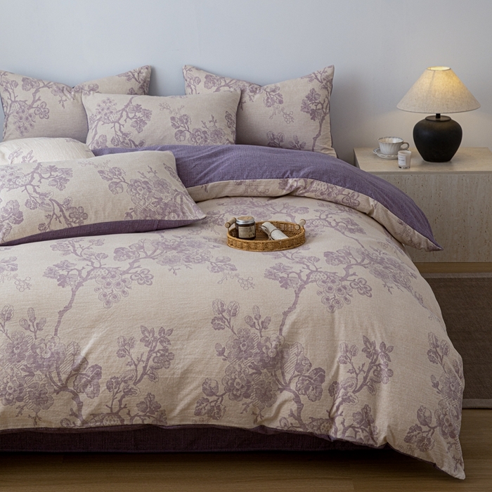 91家纺网 家纺一手货源 找家纺 芯贝儿 2025秋冬新品加厚原麻复古风亚麻皱皱双层纱水洗m四件套 砚秋