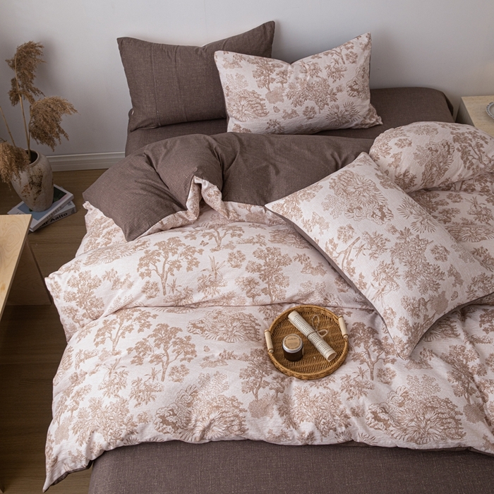 91家纺网 家纺一手货源 找家纺 芯贝儿 2025秋冬新品加厚原麻复古风亚麻皱皱双层纱水洗m四件套 迪奥咖