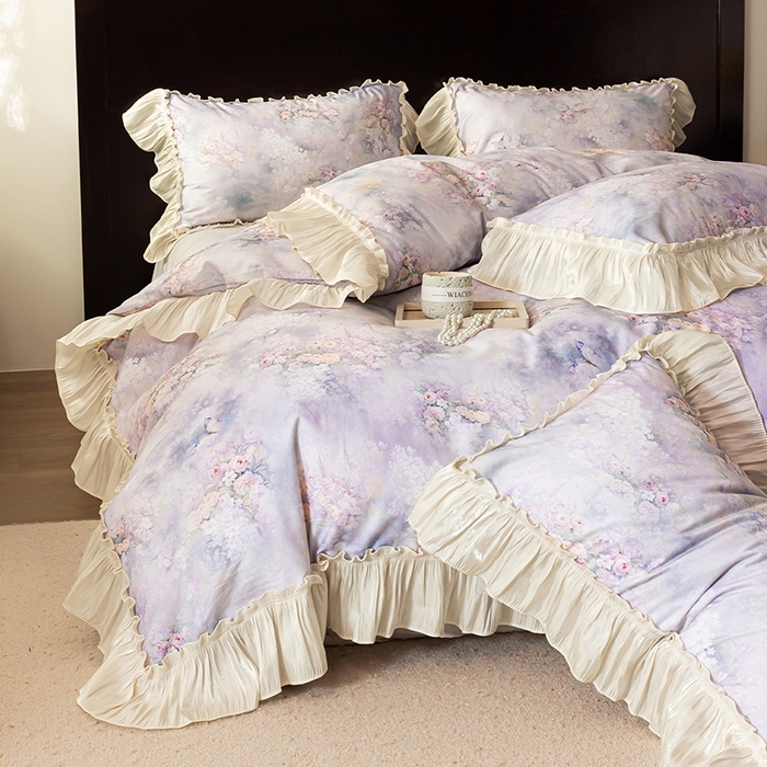 91家纺网 家纺一手货源 找家纺 迷尚家居 2025新款全棉60支磨毛花边款四件套 绒花梦境