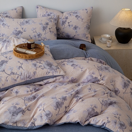 芯贝儿 2025秋冬新品加厚原麻复古风亚麻皱皱双层纱水洗m四件套 慕雪--灰