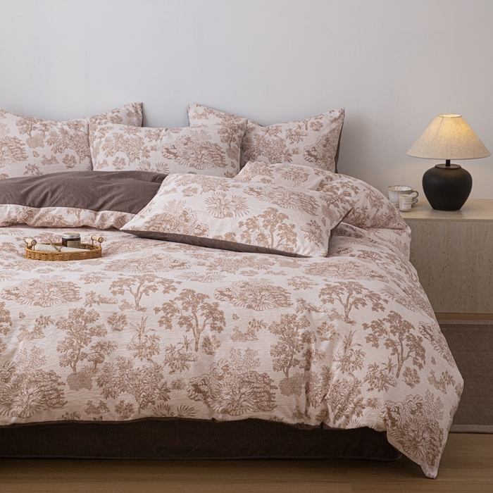 91家纺网 家纺一手货源 找家纺 芯贝儿 2025秋冬新品加厚原麻复古风亚麻皱皱双层纱水洗m四件套 迪奥咖