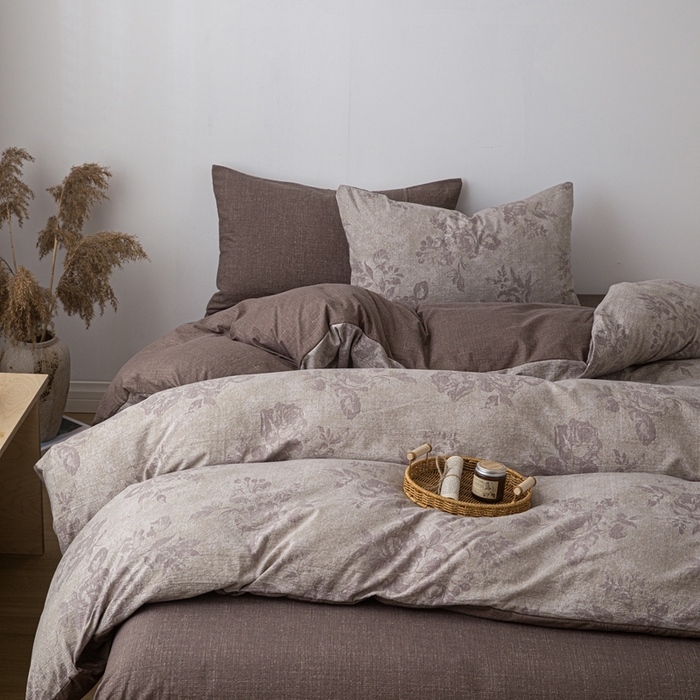 91家纺网 家纺一手货源 找家纺 芯贝儿 2025秋冬新品加厚原麻复古风亚麻皱皱双层纱水洗m四件套 风木槿-咖