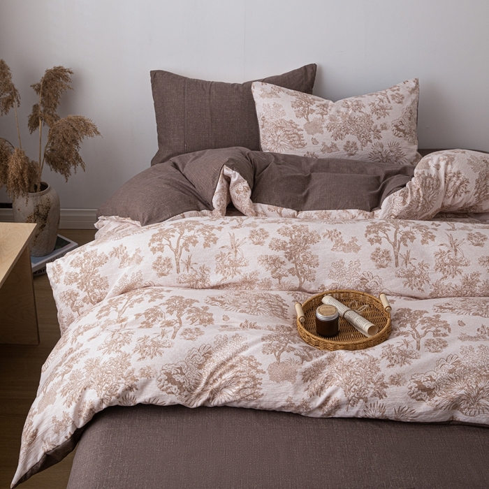 91家纺网 家纺一手货源 找家纺 芯贝儿 2025秋冬新品加厚原麻复古风亚麻皱皱双层纱水洗m四件套 迪奥咖