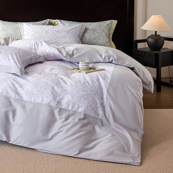 91家纺网 家纺一手货源 找家纺 迷尚家居 2025新款天丝棉磨毛工艺款四件套 花影紫