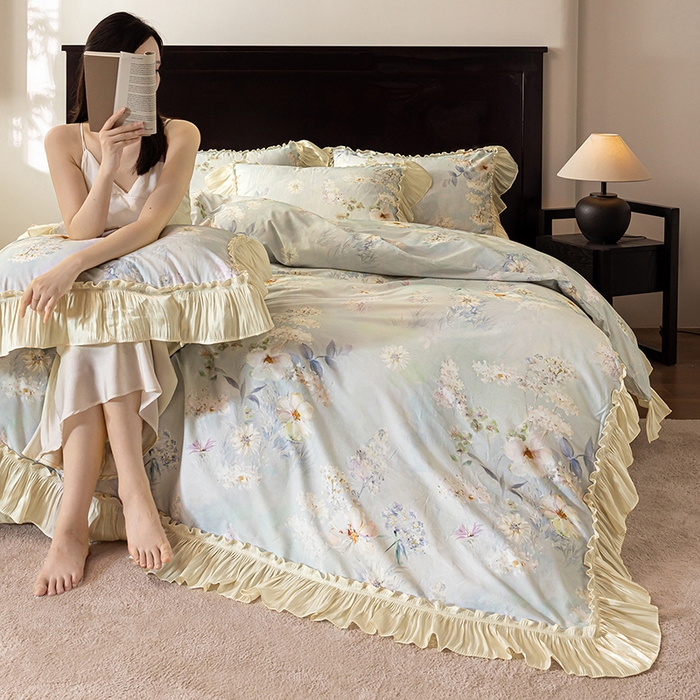 91家纺网 家纺一手货源 找家纺 迷尚家居 2025新款全棉60支磨毛花边款四件套 蜜糖花园