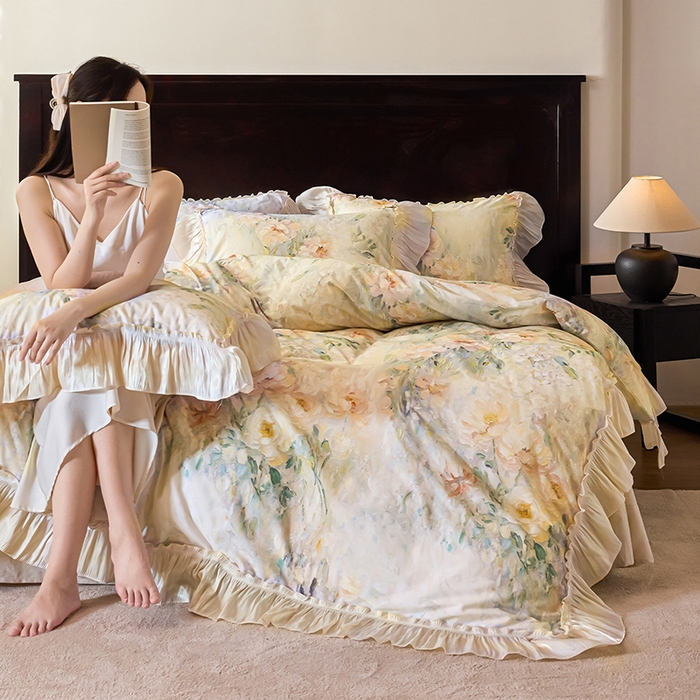 91家纺网 家纺一手货源 找家纺 迷尚家居 2025新款全棉60支磨毛花边款四件套 花雾里