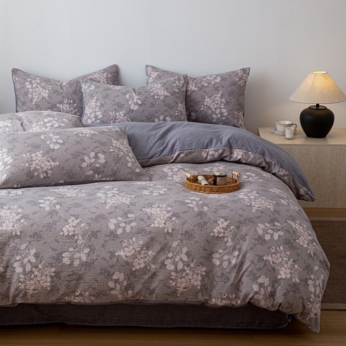 91家纺网 家纺一手货源 找家纺 芯贝儿 2025秋冬新品加厚原麻复古风亚麻皱皱双层纱水洗m四件套 可颂--灰